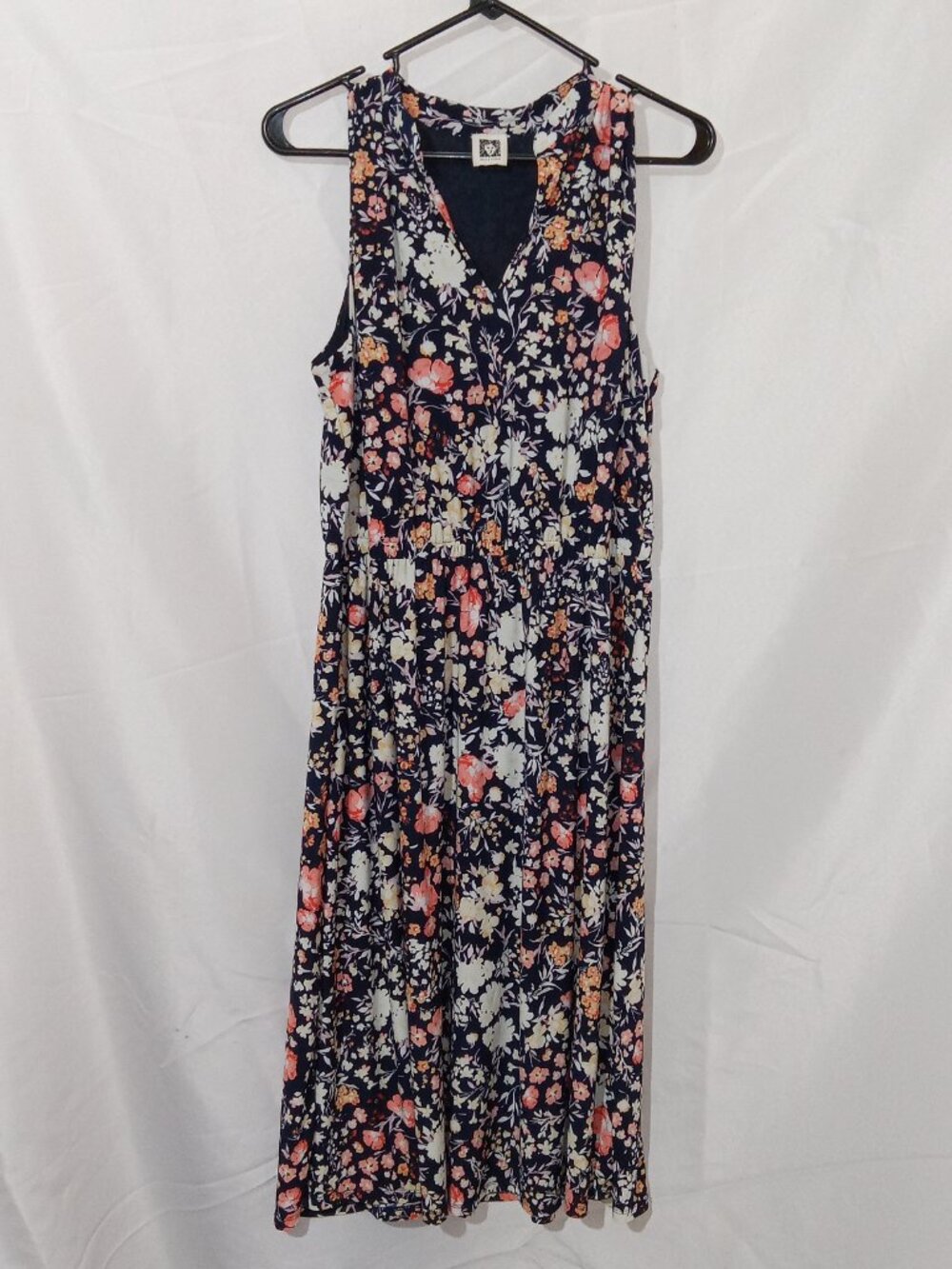 Anne Klein Navy Floral Fit & Flare Dress Women's Approx Size 10 Sleeveless Midi